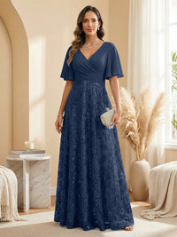 A Line V Neck Short Sleeve Chiffon Ruched Mother of the Bride Dresses with Sequin Embroidery