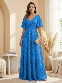 A Line V Neck Short Sleeve Chiffon Ruched Mother of the Bride Dresses with Sequin Embroidery