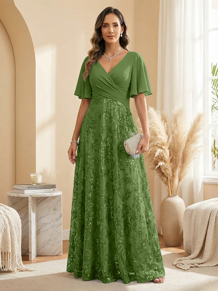 Shirees Olive Green A Line V Neck Short Sleeve Chiffon Ruched Mother of the Bride Dresses with Sequin Embroidery 2026 Shirees Olive Green A Line V Neck Short Sleeve Chiffon Ruched Mother of the Bride Dresses with Sequin Embroidery 2026