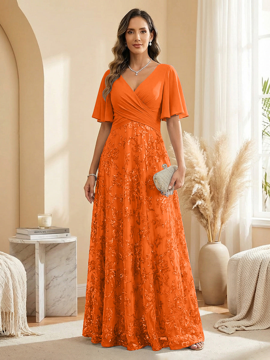 A Line V Neck Short Sleeve Chiffon Ruched Mother of the Bride Dresses with Sequin Embroidery