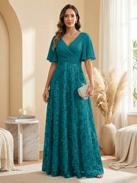 A Line V Neck Short Sleeve Chiffon Ruched Mother of the Bride Dresses with Sequin Embroidery