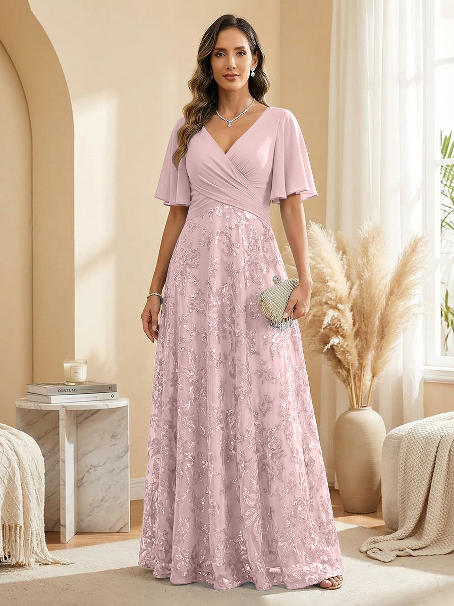 A Line V Neck Short Sleeve Chiffon Ruched Mother of the Bride Dresses with Sequin Embroidery