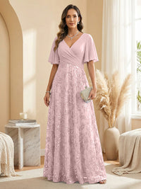 A Line V Neck Short Sleeve Chiffon Ruched Mother of the Bride Dresses with Sequin Embroidery