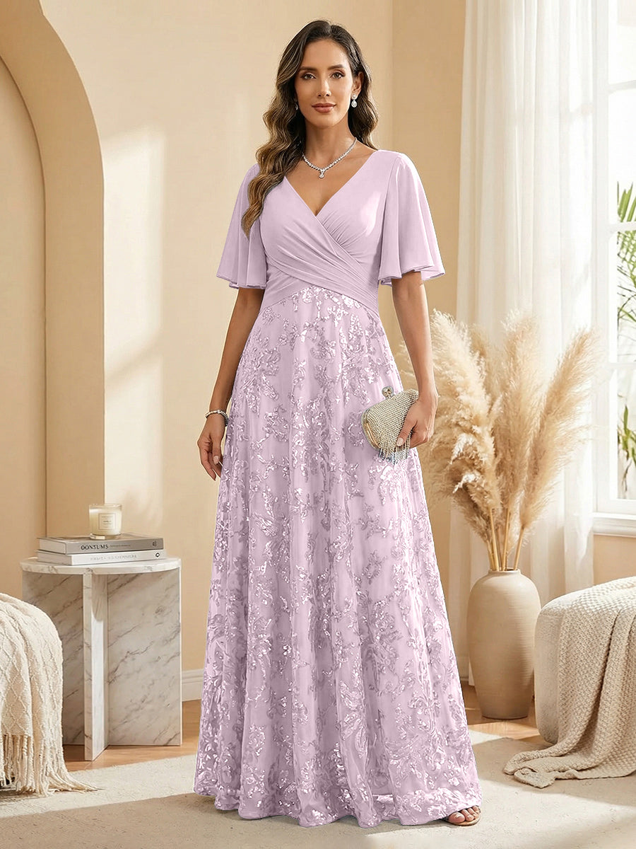 A Line V Neck Short Sleeve Chiffon Ruched Mother of the Bride Dresses with Sequin Embroidery