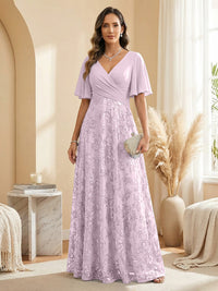 A Line V Neck Short Sleeve Chiffon Ruched Mother of the Bride Dresses with Sequin Embroidery