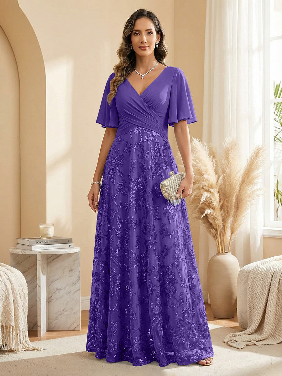 A Line V Neck Short Sleeve Chiffon Ruched Mother of the Bride Dresses with Sequin Embroidery