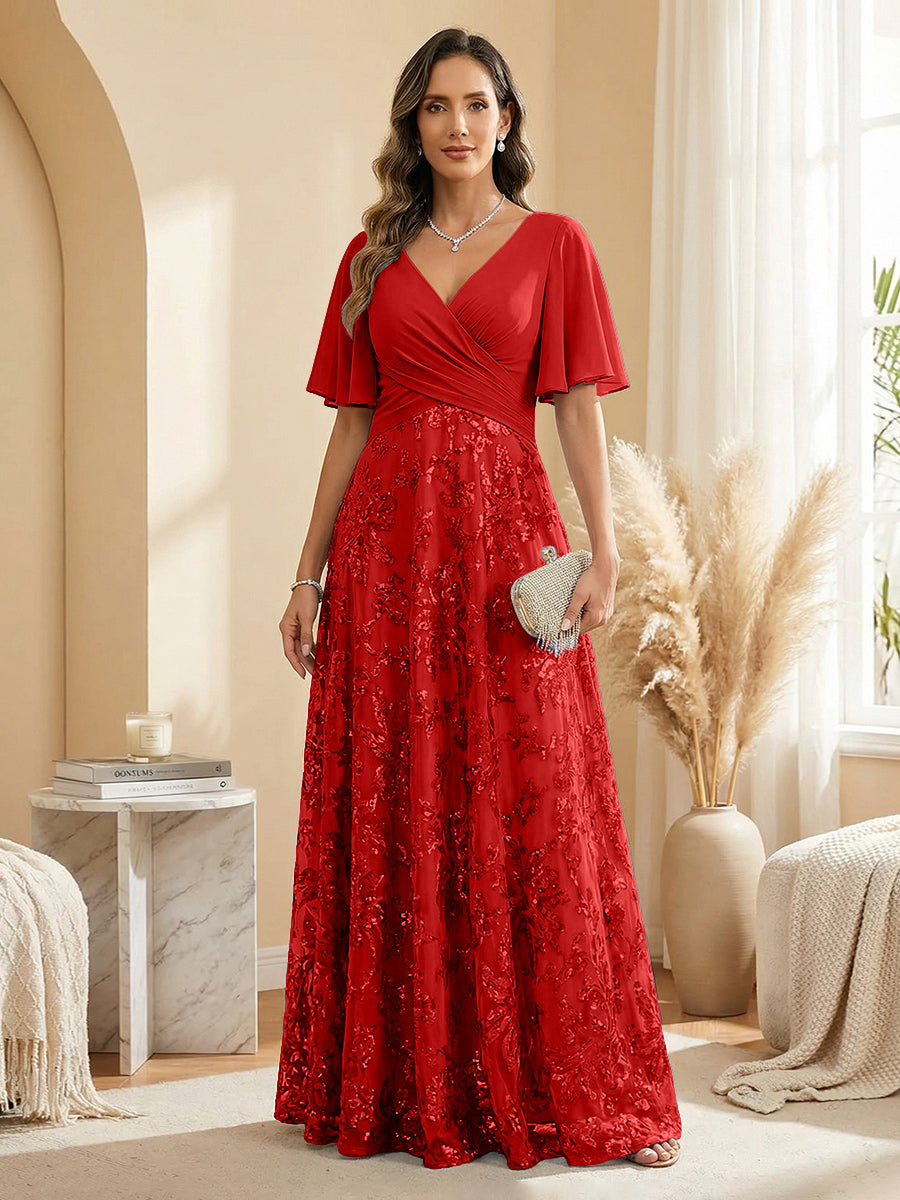 A Line V Neck Short Sleeve Chiffon Ruched Mother of the Bride Dresses with Sequin Embroidery