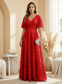 A Line V Neck Short Sleeve Chiffon Ruched Mother of the Bride Dresses with Sequin Embroidery