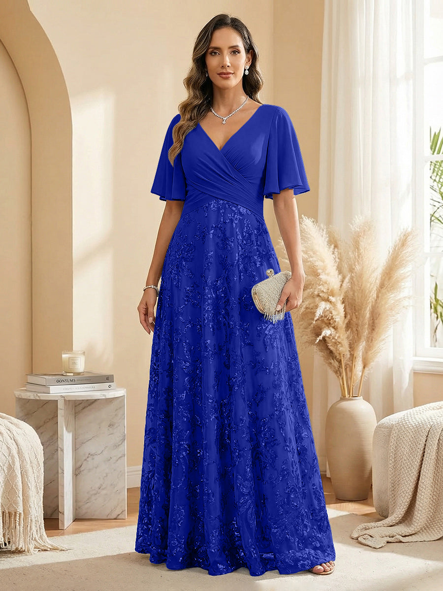 A Line V Neck Short Sleeve Chiffon Ruched Mother of the Bride Dresses with Sequin Embroidery