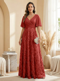 A Line V Neck Short Sleeve Chiffon Ruched Mother of the Bride Dresses with Sequin Embroidery