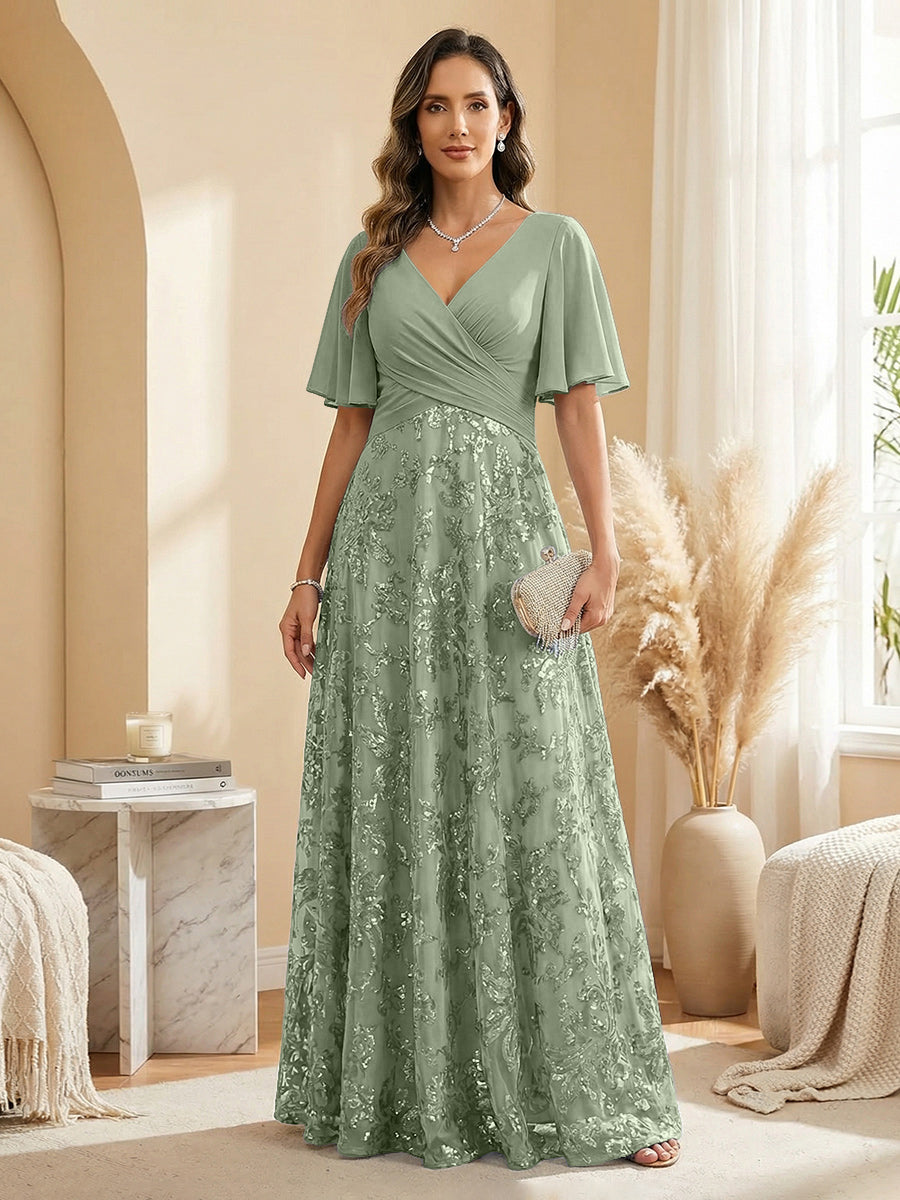 A Line V Neck Short Sleeve Chiffon Ruched Mother of the Bride Dresses with Sequin Embroidery