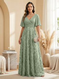 A Line V Neck Short Sleeve Chiffon Ruched Mother of the Bride Dresses with Sequin Embroidery