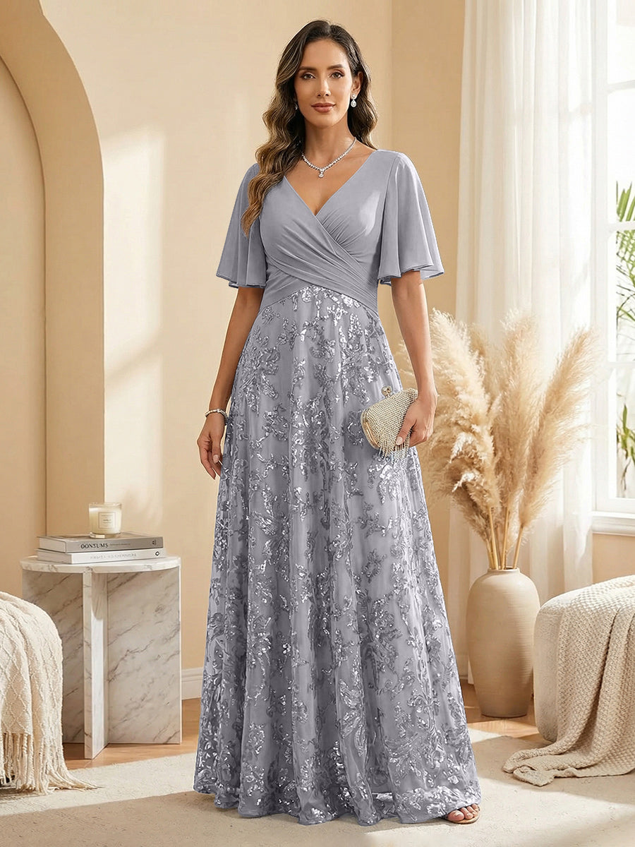 A Line V Neck Short Sleeve Chiffon Ruched Mother of the Bride Dresses with Sequin Embroidery