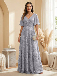 A Line V Neck Short Sleeve Chiffon Ruched Mother of the Bride Dresses with Sequin Embroidery