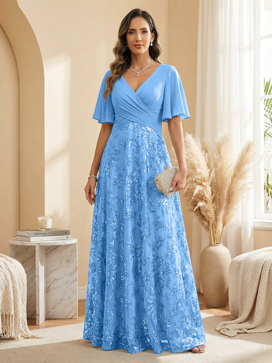 A Line V Neck Short Sleeve Chiffon Ruched Mother of the Bride Dresses with Sequin Embroidery