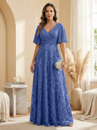 A Line V Neck Short Sleeve Chiffon Ruched Mother of the Bride Dresses with Sequin Embroidery