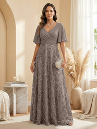 A Line V Neck Short Sleeve Chiffon Ruched Mother of the Bride Dresses with Sequin Embroidery