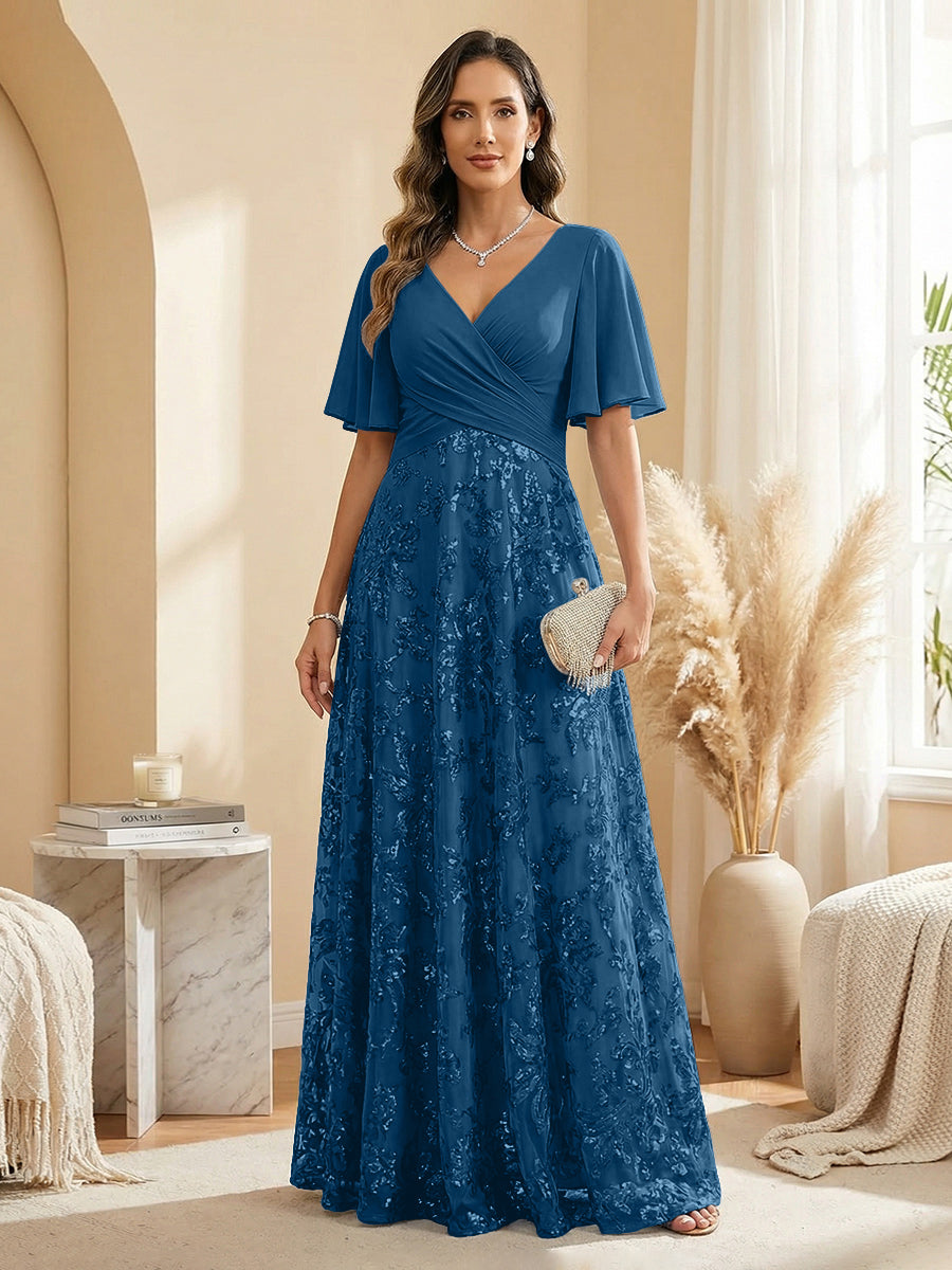 A Line V Neck Short Sleeve Chiffon Ruched Mother of the Bride Dresses with Sequin Embroidery