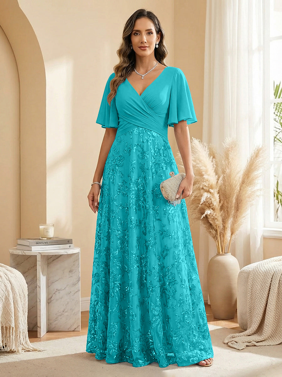 A Line V Neck Short Sleeve Chiffon Ruched Mother of the Bride Dresses with Sequin Embroidery