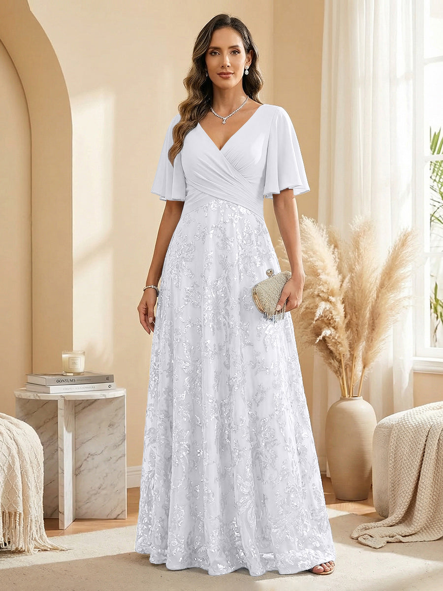 A Line V Neck Short Sleeve Chiffon Ruched Mother of the Bride Dresses with Sequin Embroidery