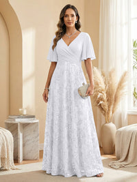 A Line V Neck Short Sleeve Chiffon Ruched Mother of the Bride Dresses with Sequin Embroidery