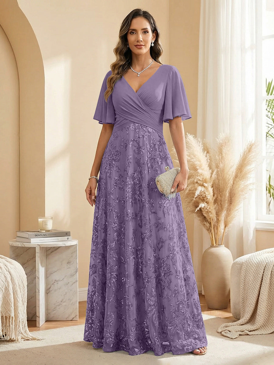 A Line V Neck Short Sleeve Chiffon Ruched Mother of the Bride Dresses with Sequin Embroidery