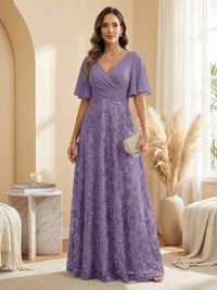 A Line V Neck Short Sleeve Chiffon Ruched Mother of the Bride Dresses with Sequin Embroidery