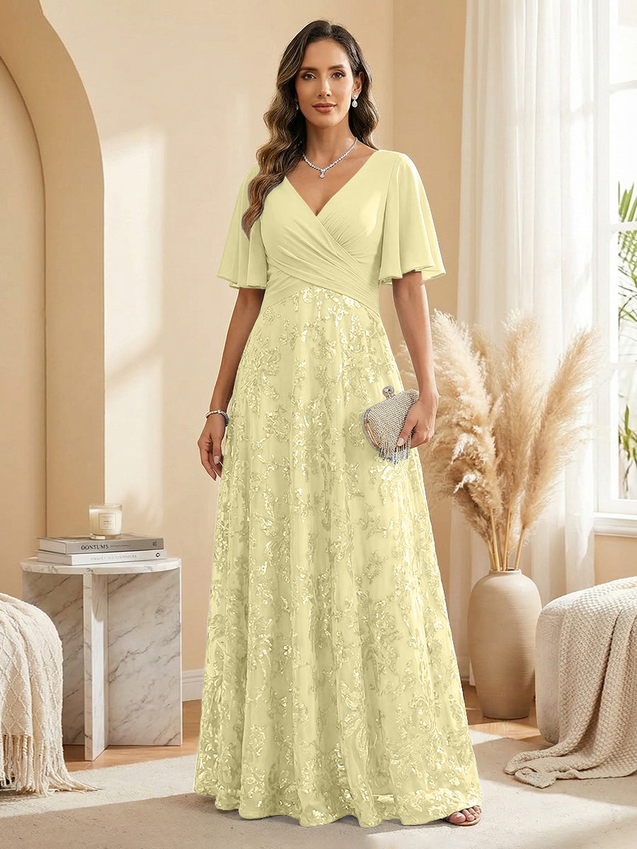 A Line V Neck Short Sleeve Chiffon Ruched Mother of the Bride Dresses with Sequin Embroidery