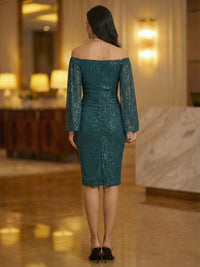 Sheath Off Shoulder Knee Length Long Sleeve Sparkly Mother of the Bride Dresses