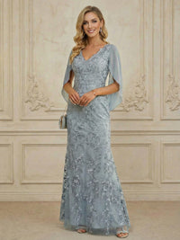Mermaid V Neck Cape Sleeve Lace Applique Floor Length Mother of the Bride Dresses