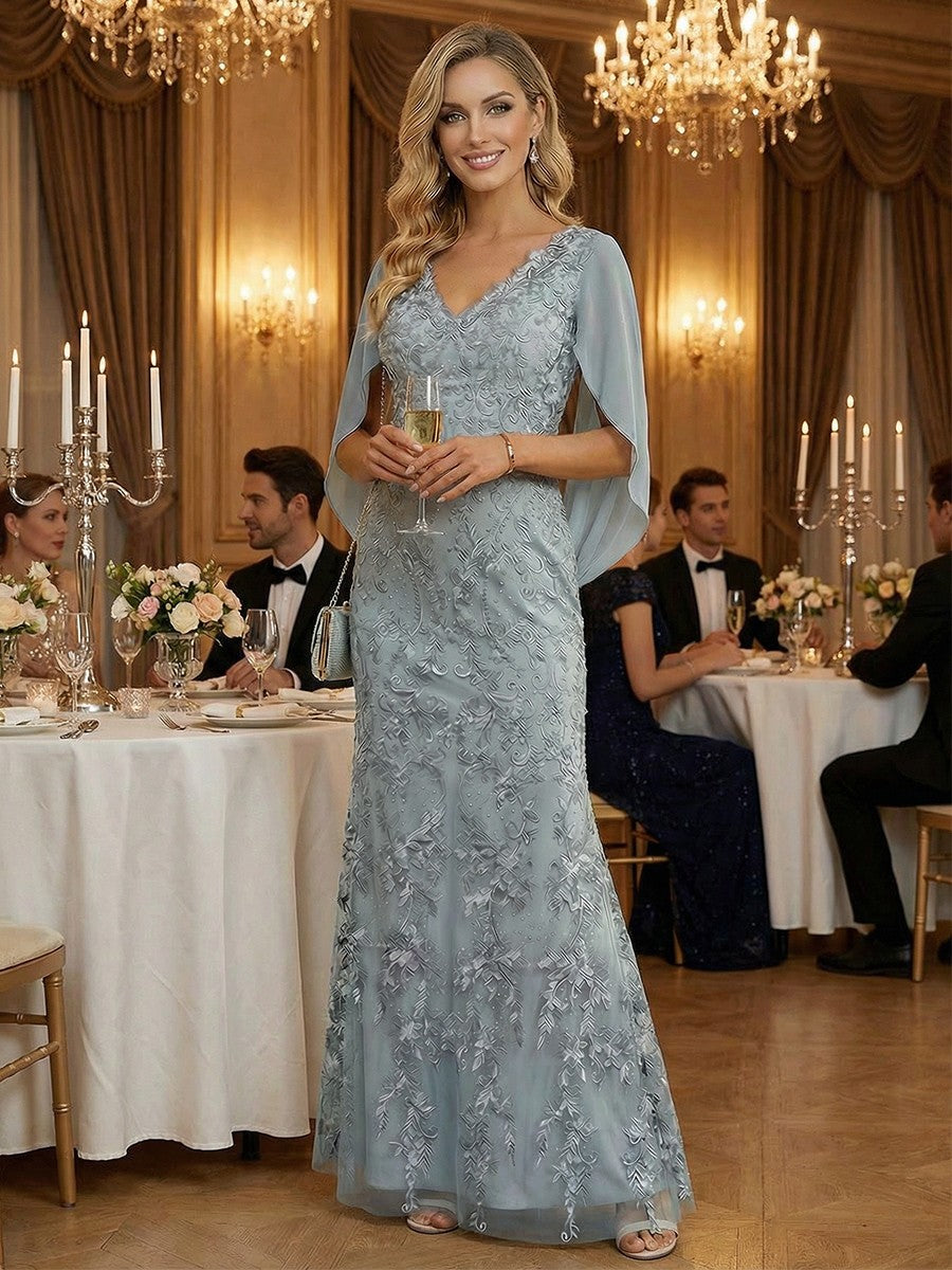 Mermaid V Neck Cape Sleeve Lace Applique Floor Length Mother of the Bride Dresses