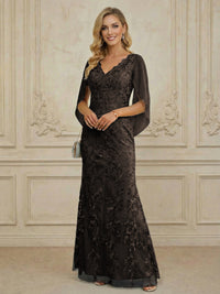 Mermaid V Neck Cape Sleeve Lace Applique Floor Length Mother of the Bride Dresses