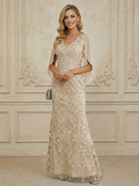 Mermaid V Neck Cape Sleeve Lace Applique Floor Length Mother of the Bride Dresses