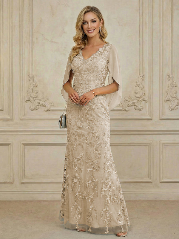 Mermaid V Neck Cape Sleeve Lace Applique Floor Length Mother of the Bride Dresses