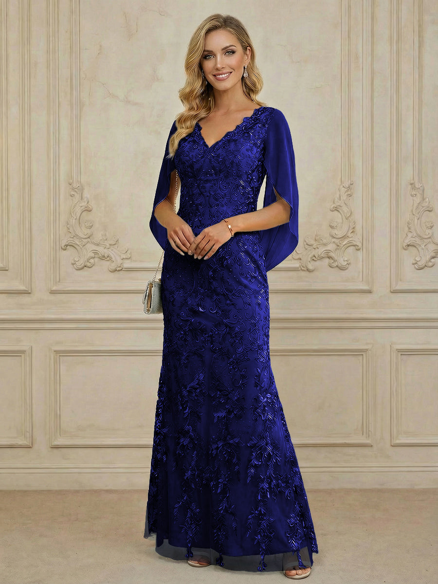 Mermaid V Neck Cape Sleeve Lace Applique Floor Length Mother of the Bride Dresses