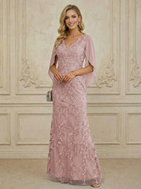 Mermaid V Neck Cape Sleeve Lace Applique Floor Length Mother of the Bride Dresses
