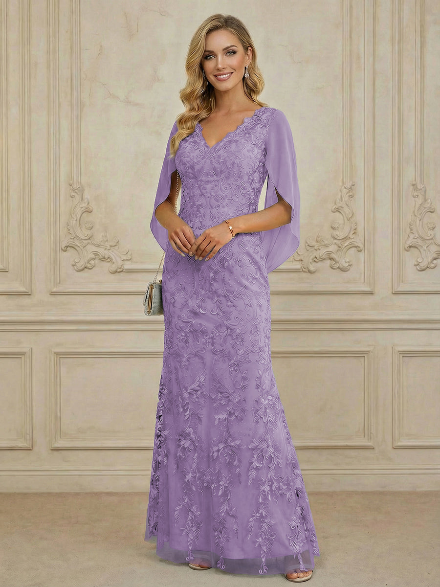 Mermaid V Neck Cape Sleeve Lace Applique Floor Length Mother of the Bride Dresses