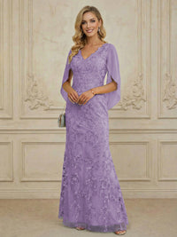 Mermaid V Neck Cape Sleeve Lace Applique Floor Length Mother of the Bride Dresses