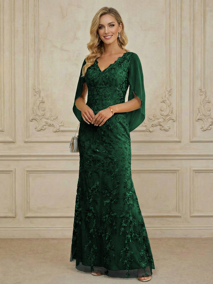 Mermaid V Neck Cape Sleeve Lace Applique Floor Length Mother of the Bride Dresses
