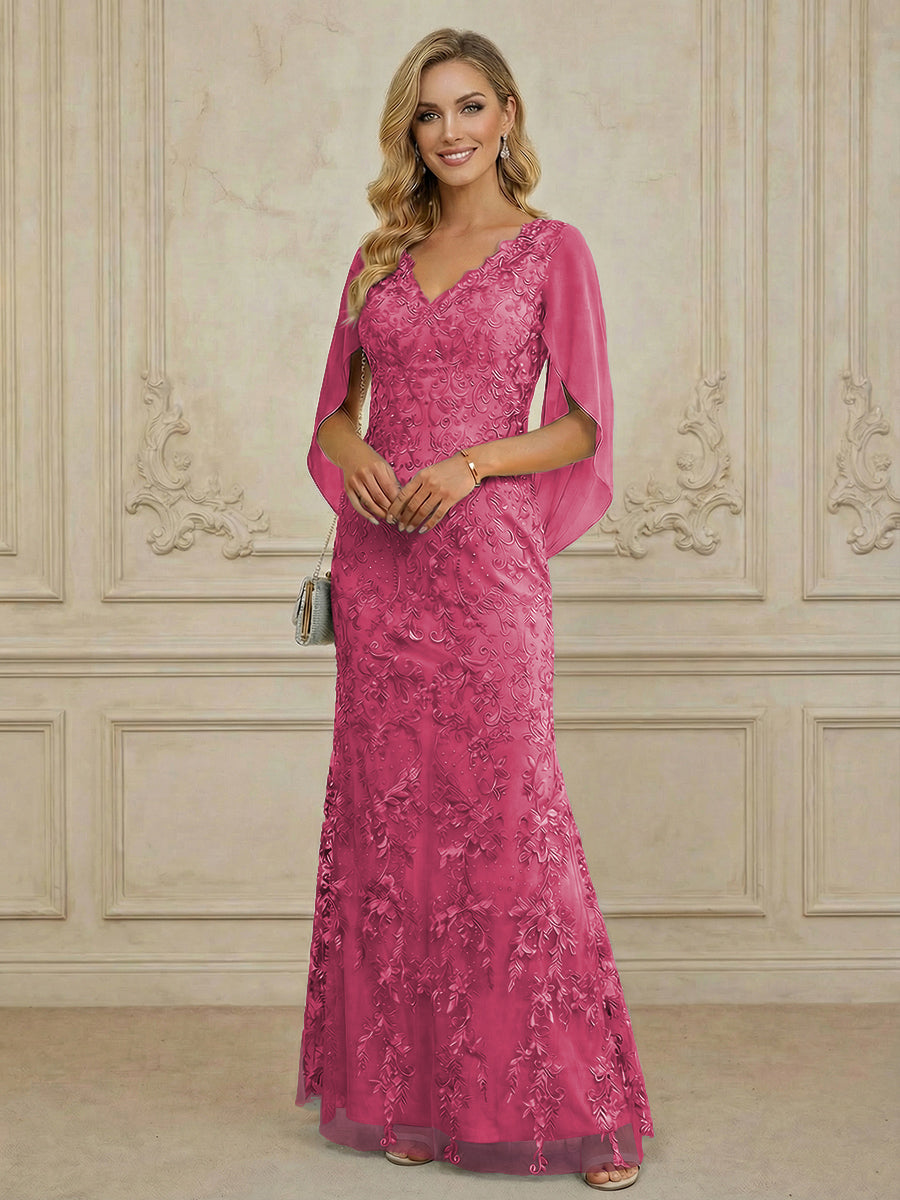 Mermaid V Neck Cape Sleeve Lace Applique Floor Length Mother of the Bride Dresses