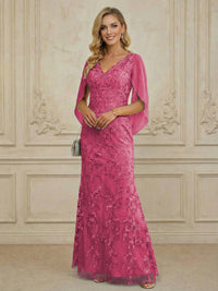 Mermaid V Neck Cape Sleeve Lace Applique Floor Length Mother of the Bride Dresses