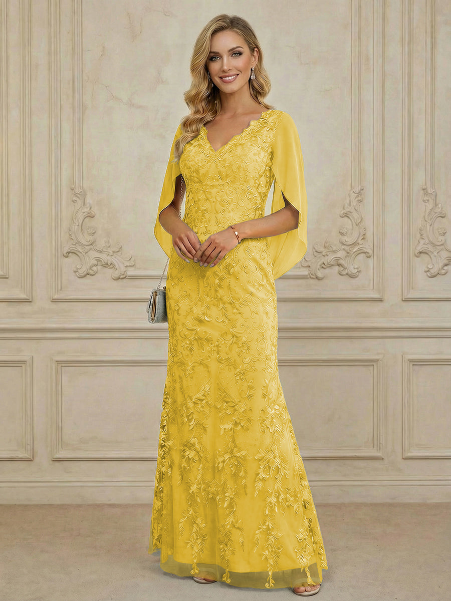 Mermaid V Neck Cape Sleeve Lace Applique Floor Length Mother of the Bride Dresses