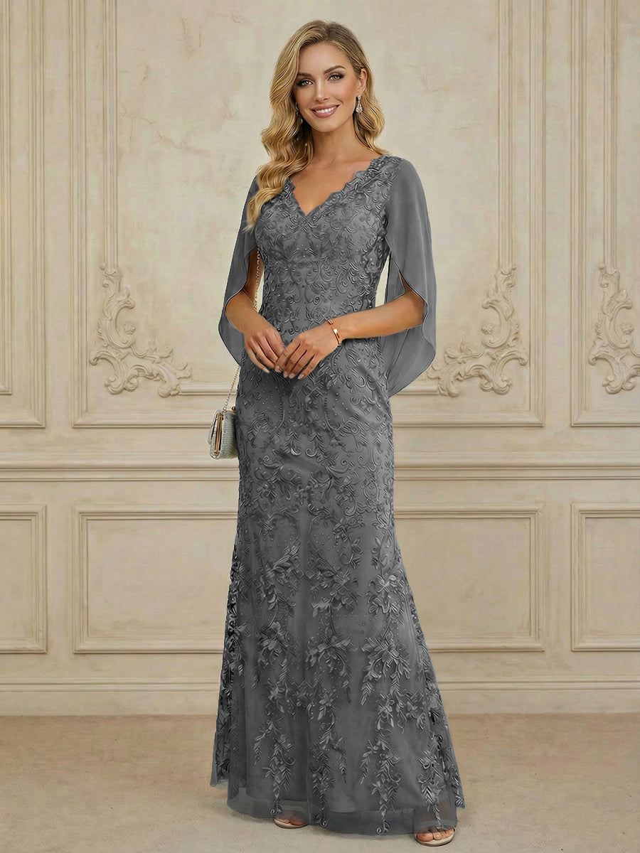 Mermaid V Neck Cape Sleeve Lace Applique Floor Length Mother of the Bride Dresses