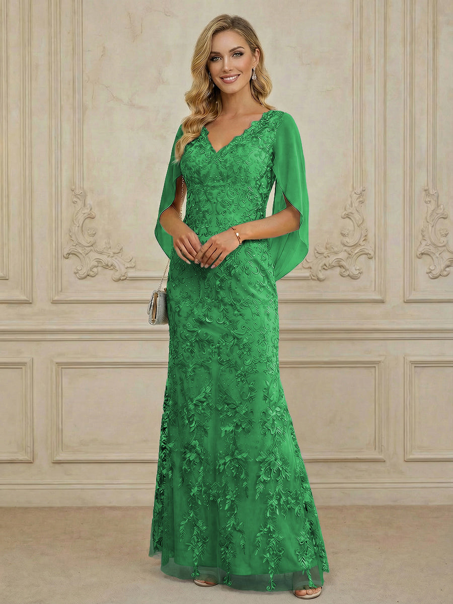 Mermaid V Neck Cape Sleeve Lace Applique Floor Length Mother of the Bride Dresses