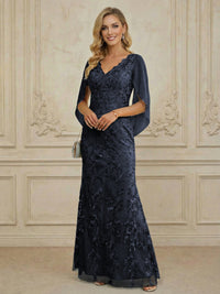 Mermaid V Neck Cape Sleeve Lace Applique Floor Length Mother of the Bride Dresses