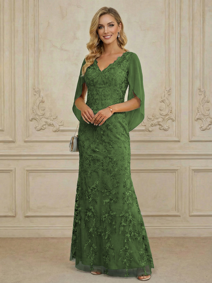 Mermaid V Neck Cape Sleeve Lace Applique Floor Length Mother of the Bride Dresses