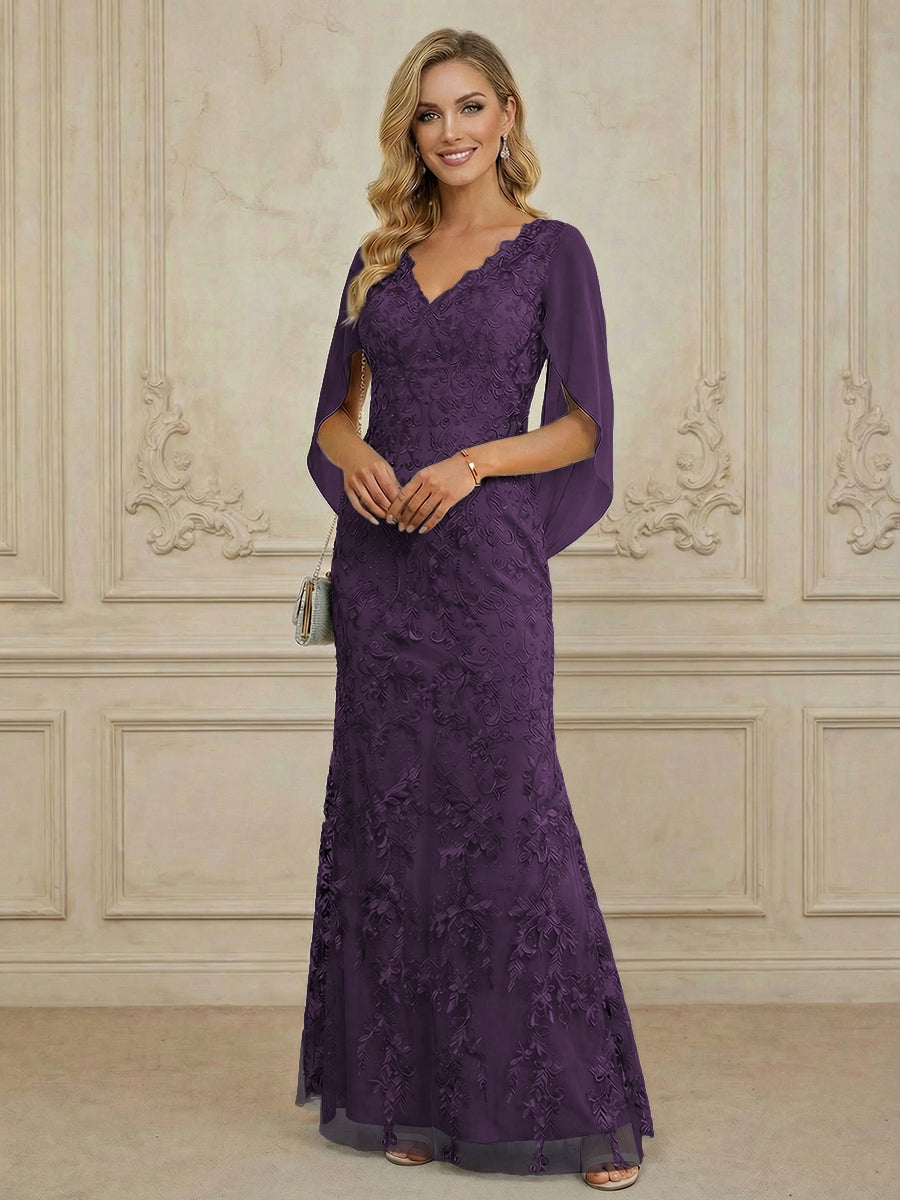Mermaid V Neck Cape Sleeve Lace Applique Floor Length Mother of the Bride Dresses