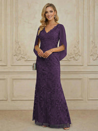 Mermaid V Neck Cape Sleeve Lace Applique Floor Length Mother of the Bride Dresses