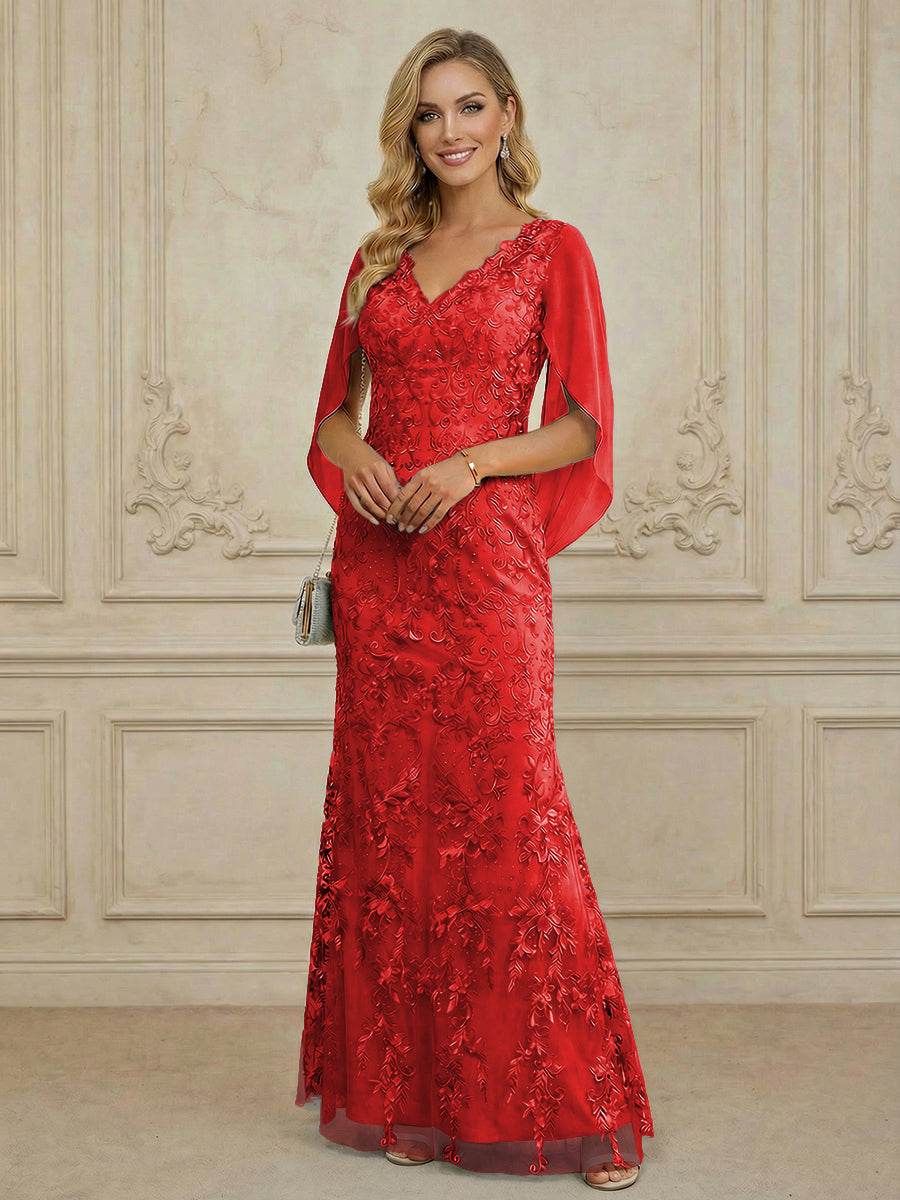 Mermaid V Neck Cape Sleeve Lace Applique Floor Length Mother of the Bride Dresses