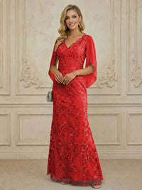 Mermaid V Neck Cape Sleeve Lace Applique Floor Length Mother of the Bride Dresses